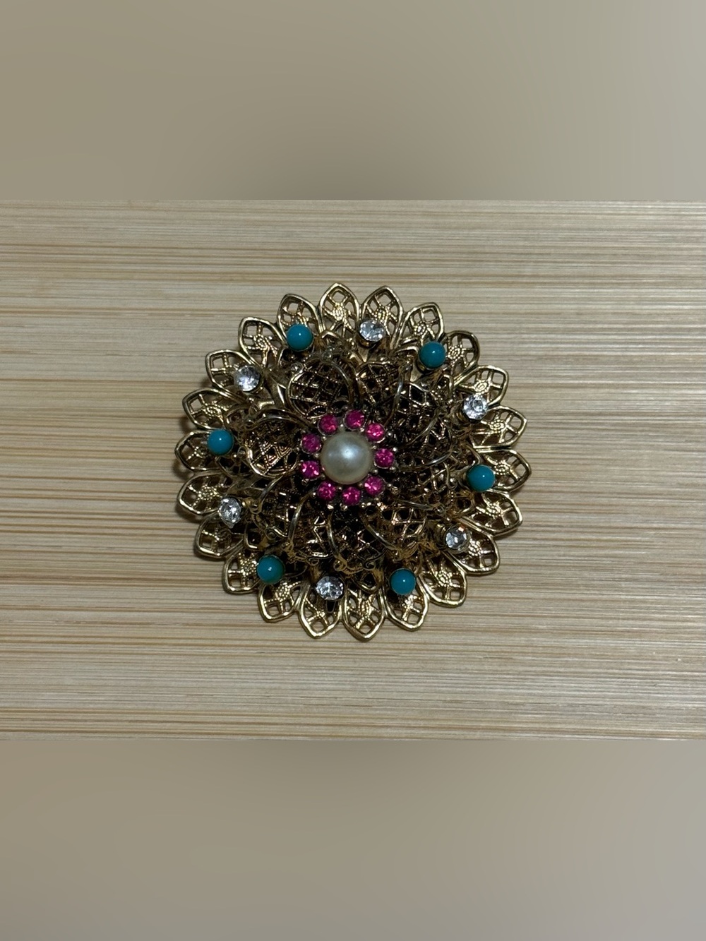 Vintage Brooch with Pearl, Turquoise and Pink Accents